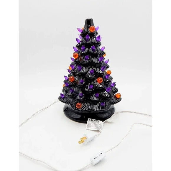 Halloween Tabletop Light Up Tree Ceramic 13 Inch Black Orange Purple
